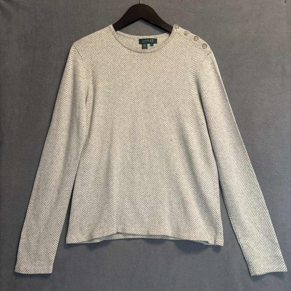 Lauren Ralph Lauren Sweater Womens L Beige Herringbone Silk Cashmere Button Top